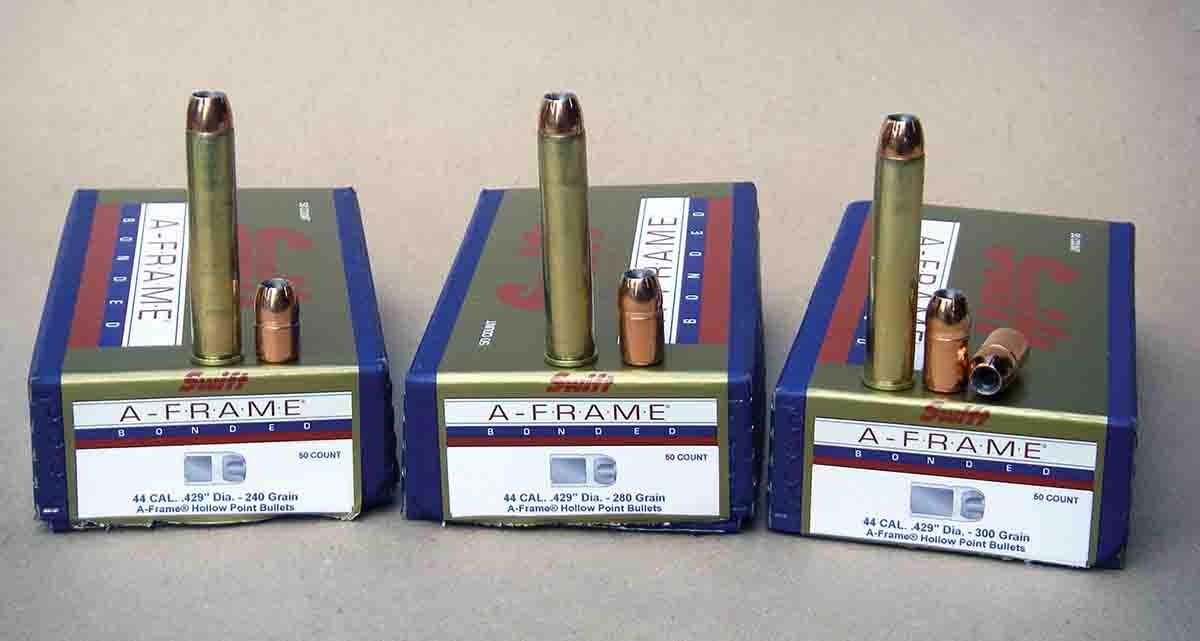 Swift’s .44-caliber A-Frame bullets in 240-, 280- and 300-grain weights offer top-notch performance when pushed to the velocities associated with the .444 Marlin.